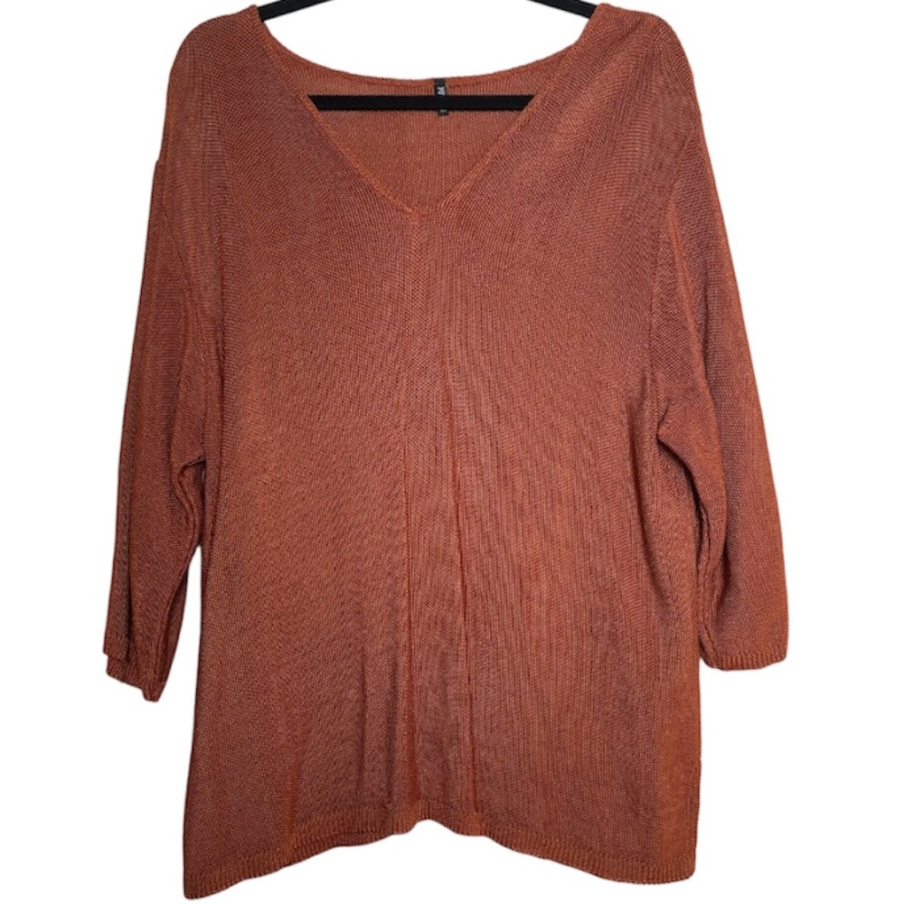 POWWOW Burnt Orange V Neck Chain Link Knit 3/4 Length Sleeve Top